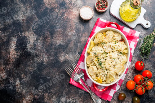 Preview: Potato gratin, in rustic dish.
