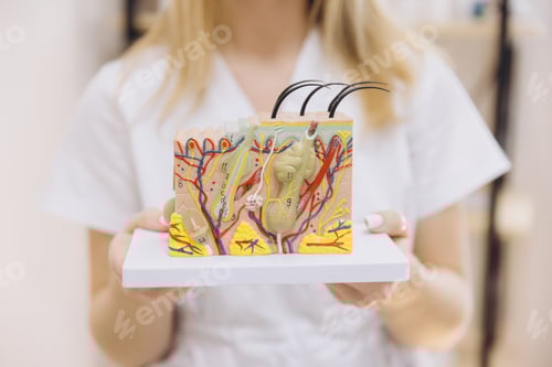 Preview: Beautician demonstrating skin structure model during professional cosmetology consultation