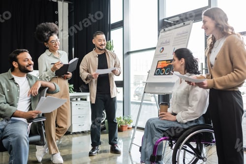 Preview: inclusion concept, woman in wheelchair working together in interracial business people in office