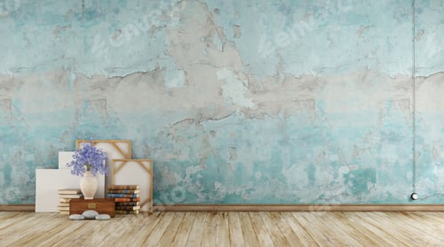 Preview: Rustic Blue Wall with Flowers and Books