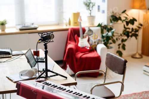 Preview: Recording studio with synthesizer and microphone