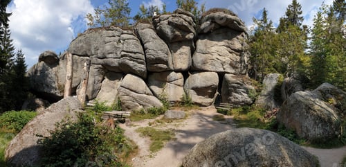 Preview: Low angle shot of stacked big stones in the Ochsenkopf Mountain in Fichtelgebirge, Germany