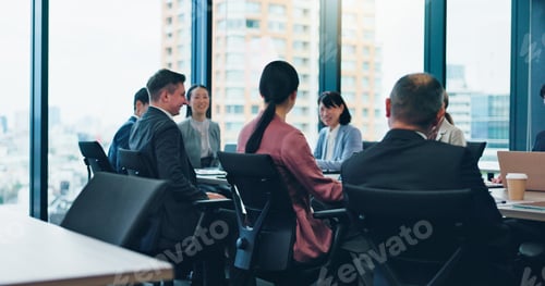 Preview: Employees, finance and office meeting for feedback, communication and teamwork in Japan. Business p