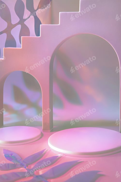 Preview: empty stage with circle podiums, arches and leaves shapes on holographic pastel pink neon background