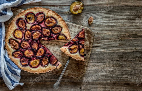 Preview: Homemade plum pie on the wooden background