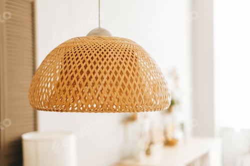 Preview: Straw lampshade in modern living room. Eco-friendly interior design using natural materials.
