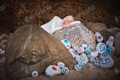 Preview: Young hairless girl with alopecia in white futuristic costume sleeping sweetly in surreal landscape