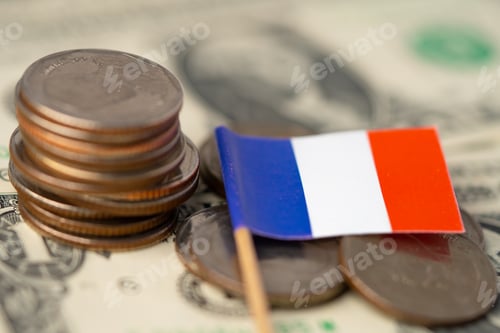 Preview: Stack of coins with Italy flag on USA America dollar banknotes.