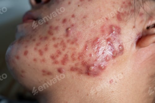 Preview: Acne on face because the disorders of sebaceous glands productions. Acne or a Cosmetic Allergy.