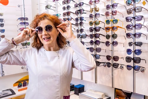 Preview: Stylish Eyewear: Red-haired Optometrist Trying on Sunglasses in Front of Sunglass Display