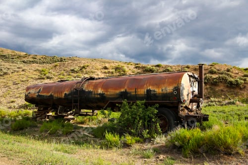 Preview: Old, rusted and broken down liquid tanker trailer on a roadside near Gunnison, Colorado, USA