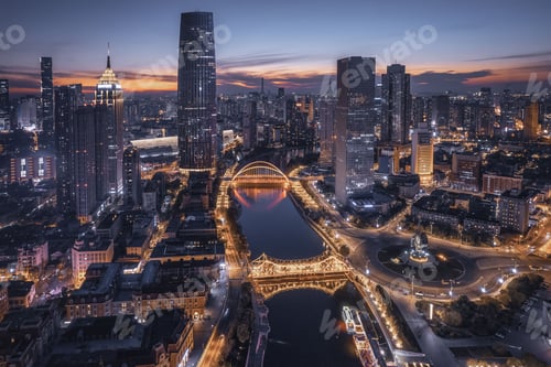 Preview: Aerial view of the Haihe river and the cityscape at night, in Tianjin, China