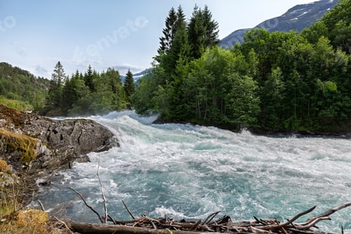 Preview: Mountain River, lovatnet lake Lodal valley. Beautiful Nature Norway natural landscape.