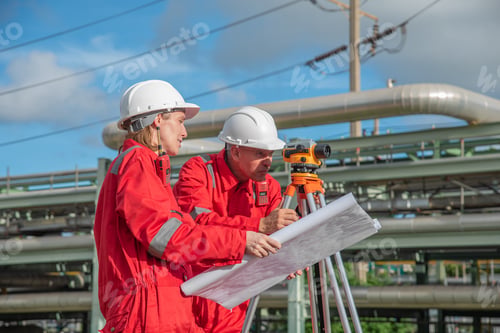 Preview: Construction workers or engineer examine blueprints outdoors and using surveying equipment