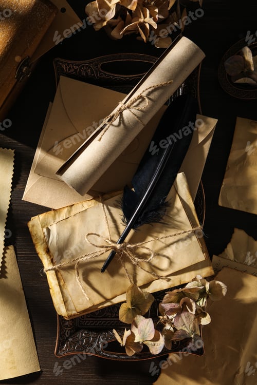 Preview: Vintage tray with old papers and feather on wooden background, top view