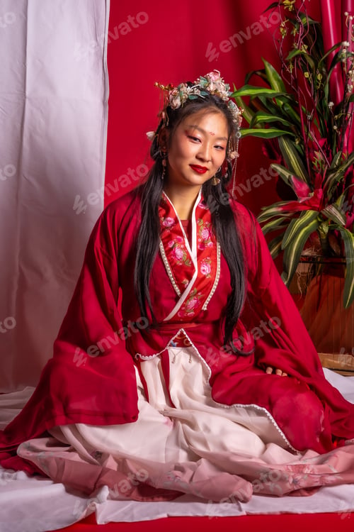 Preview: A woman in a red and white outfit sits cross legged on a white background