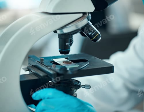 Preview: Microscope, medical science and blood sample in a laboratory for analysis, study or development. Zo