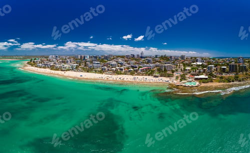 Preview: Aerial drone panoramic image of ocean waves on a Kings beach, Ca