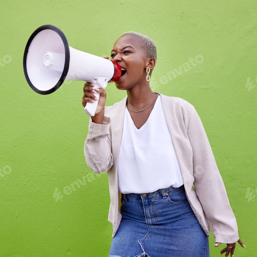 Preview: Black woman, megaphone and loudspeaker on mockup space in advertising or protest against a studio b