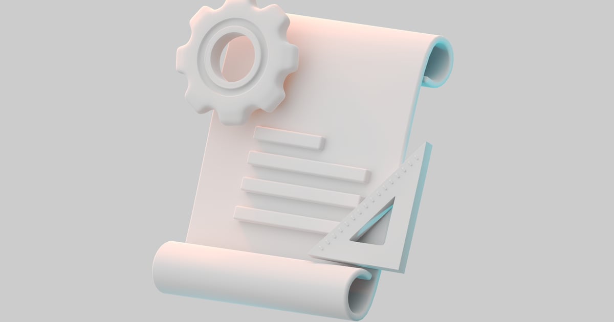 Gear, blueprint, and triangle ruler 3D, Incl. cog & blueprint - Envato