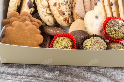 Preview: Various freshly baked sweet buns, top view