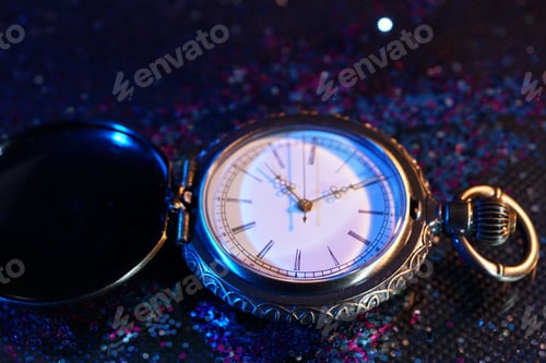 Preview: Vintage Pocket Watch Against a Glittering Dark Backdrop