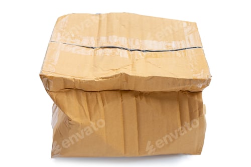 Preview: Damaged cardboard box on white background.