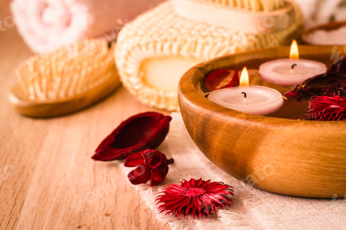 Preview: Candles and fragrant dried flowers in water, sea salt, brush, towels and hairbrush on a wooden table