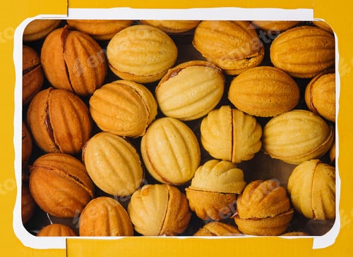 Preview: Box of fresh baked madeleines close up
