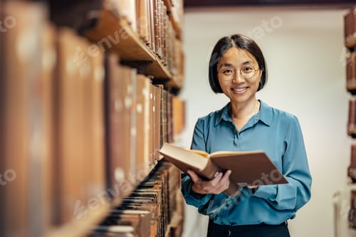 Preview: Adult asian woman, picking up her favorite book