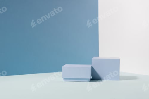 Preview: Abstract creative pedestal podium, blue hard shadow background. Minimalism, product showcase