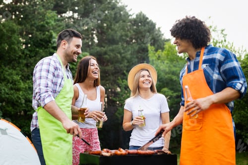 Preview: Group of friends having a barbecue party in nature