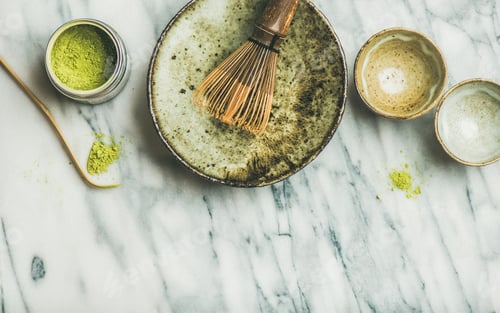 Preview: Japanese tools and bowls for brewing matcha tea, copy space