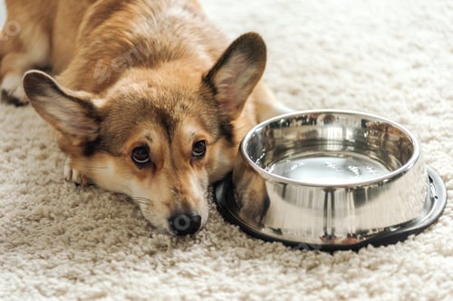 Preview: adorable corgi dog with bowl of water lying on carpet at home