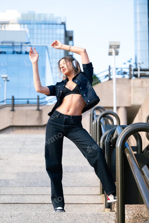 Preview: Woman dancing with headphones on urban stairs