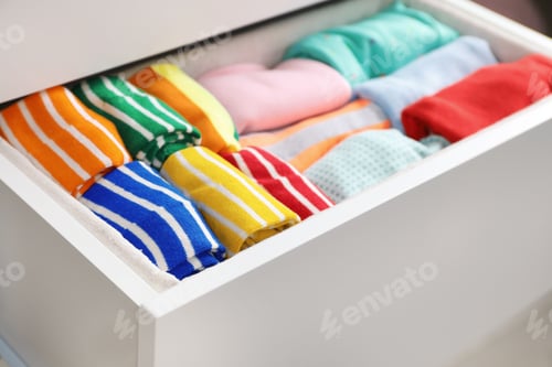 Preview: Many different colorful socks in open drawer, closeup