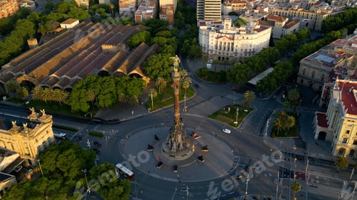 Preview: Aerial view of Columbus monument at sunrise in Barcelona, Catalonia, Spain