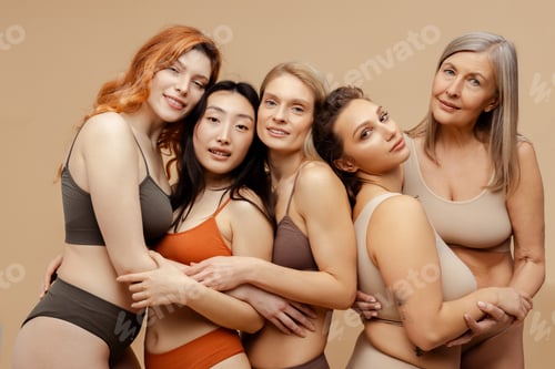 Preview: Group of multiracial, diverse, beautiful women wearing sexy lingerie, looking at camera, hugging
