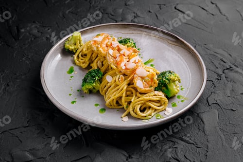 Preview: Spaghetti with pesto sauce, shrimps and broccoli being served on gray plate
