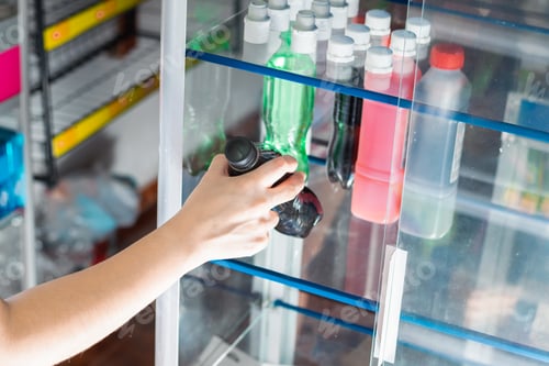 Preview: girl's hand holding a bottle of soft drink, taking it out of a glass display case in a store.