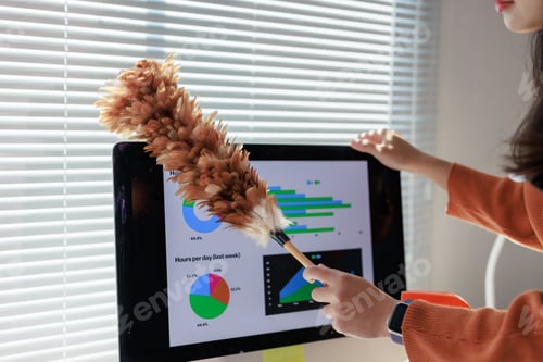 Preview: Woman dusting computer monitor with business data charts