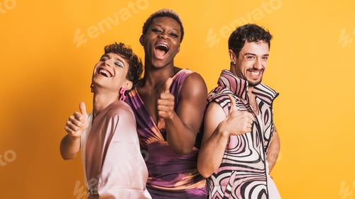 Preview: Three trans men gesturing to be fine with the thumb up on yellow