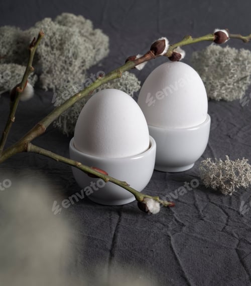 Preview: Easter composition in the style of minimalism eggs on a gray background