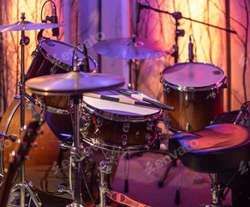 Preview: Drums, cymbals, hi hat on a beautiful background in the recording Studio.
