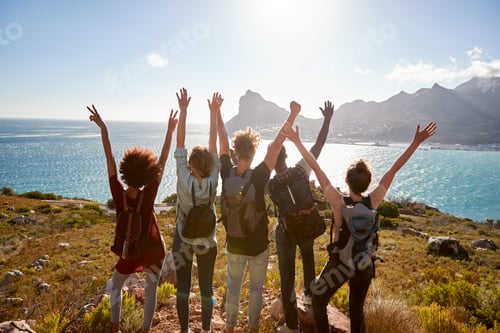 Preview: Millennial friends on a hiking trip celebrate reaching the summit and admire the view, back view