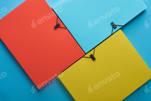 Preview: top view of arranged colorful paper folders on blue