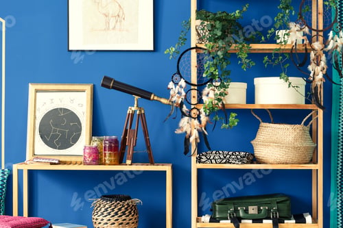 Preview: Blue room with wooden bookshelf