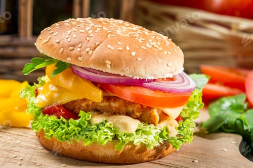 Preview: Homemade hamburger with chicken, tomato and onion
