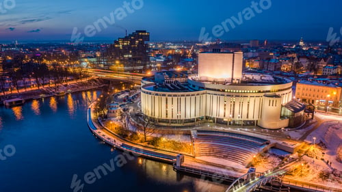 Preview: Downtown of Bydgoszcz at dusk in winter, Poland. Aerial view