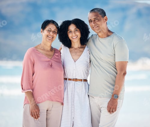 Preview: Beach, portrait of senior parents and woman together with smile, love and hug on summer holiday in